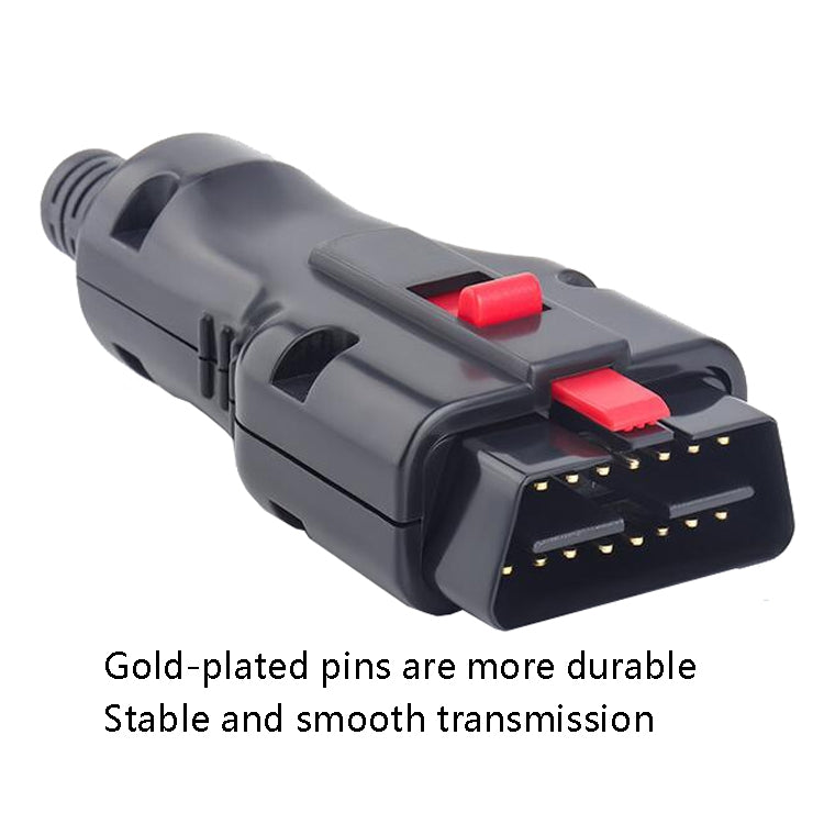 OBD diagnostic interface connector with gold-colored pins, dark gray and red slider
