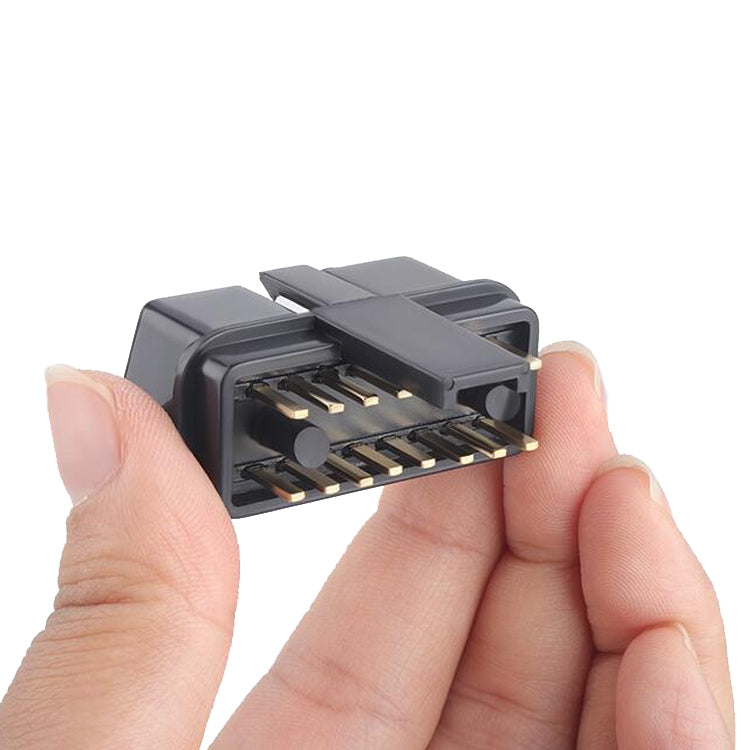 OBD diagnostic interface plug with exposed gold-colored pins, dark gray housing