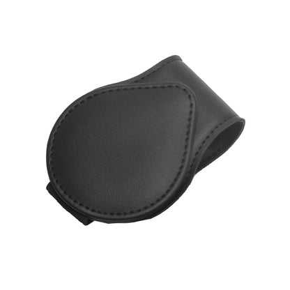 Car sun visor clip with black leather-style glasses storage pouch