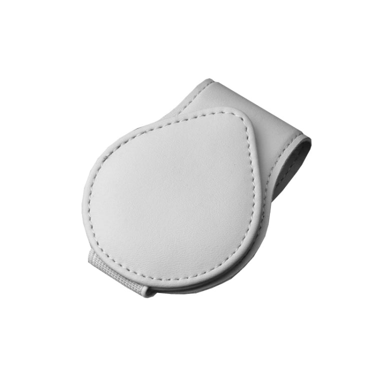 Car sun visor clip with white leather-style glasses storage pouch