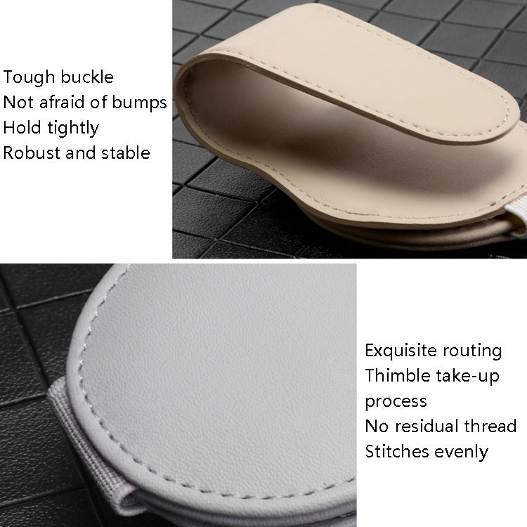Car sun visor glasses clip storage, beige pouch with reinforced buckle and stitching