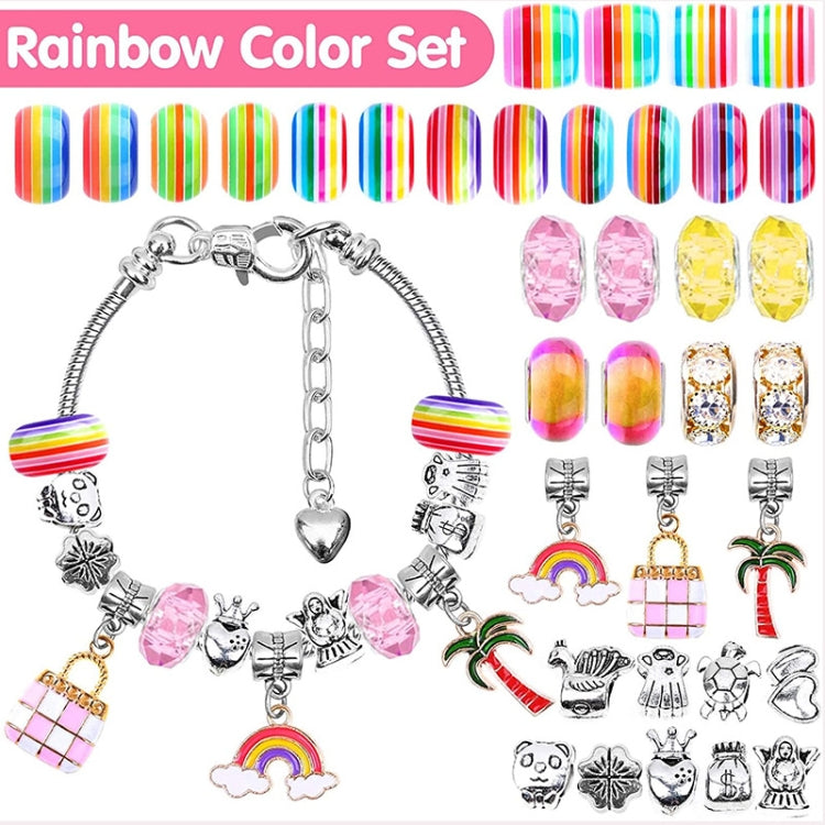 Rainbow charm bracelet with silver chain, colorful beads, heart and animal charms