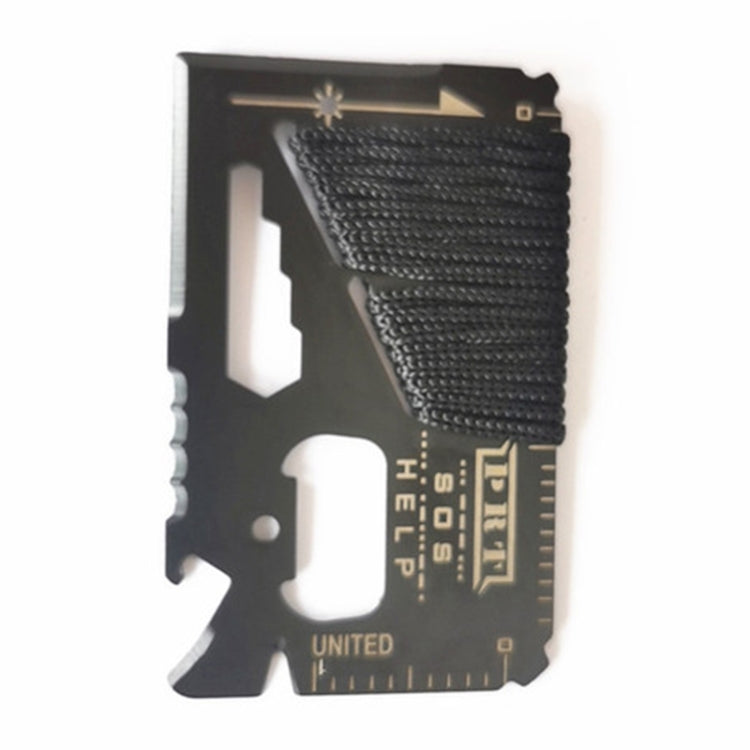 Dark multi-function survival tool card with braided rope and etched markings