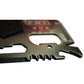 Close-up of dark survival tool card edge with serrated blade section