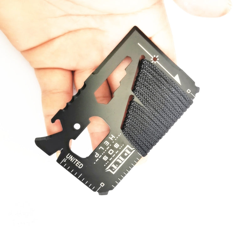 Survival tool card with braided rope shown in hand