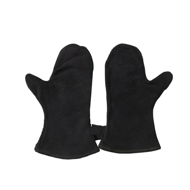 Pair of black heat-insulating leather BBQ gloves with snug knit cuffs