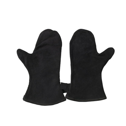 Pair of black heat-insulating leather BBQ gloves with snug knit cuffs