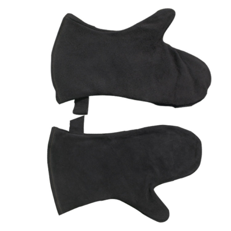 Pair of black heat-insulating leather BBQ gloves shown side-by-side