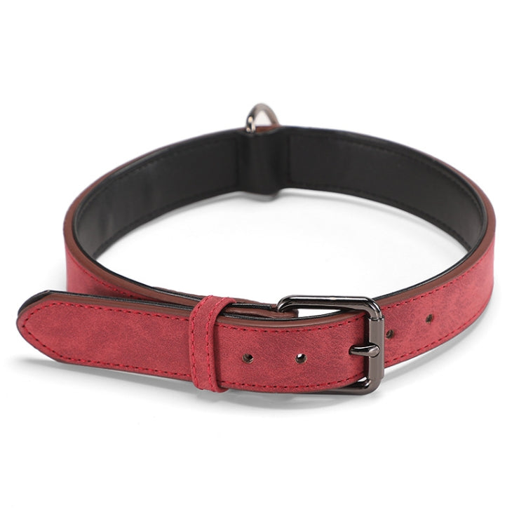 Red double-layer leather dog collar with black lining, metal buckle, and D-ring