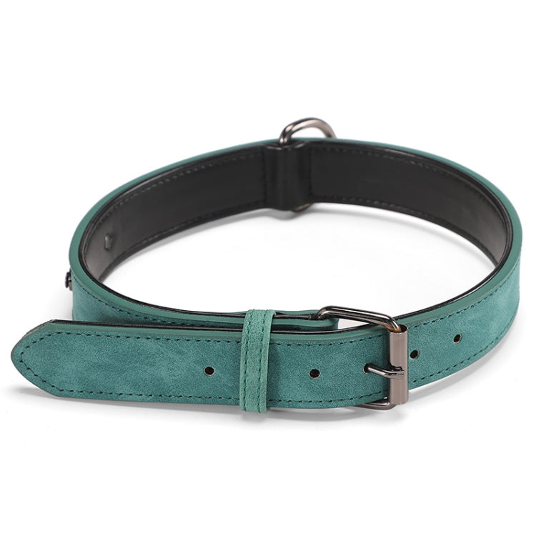 Teal double-layer leather dog collar with metal buckle and D-ring