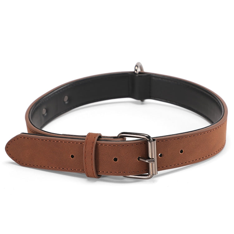 Brown double-layer leather dog collar with metal buckle and D-ring