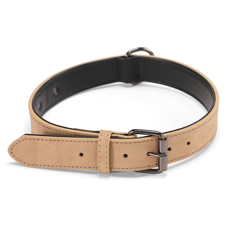 Double-layer leather dog collar in tan and black, with metal buckle and D-ring.