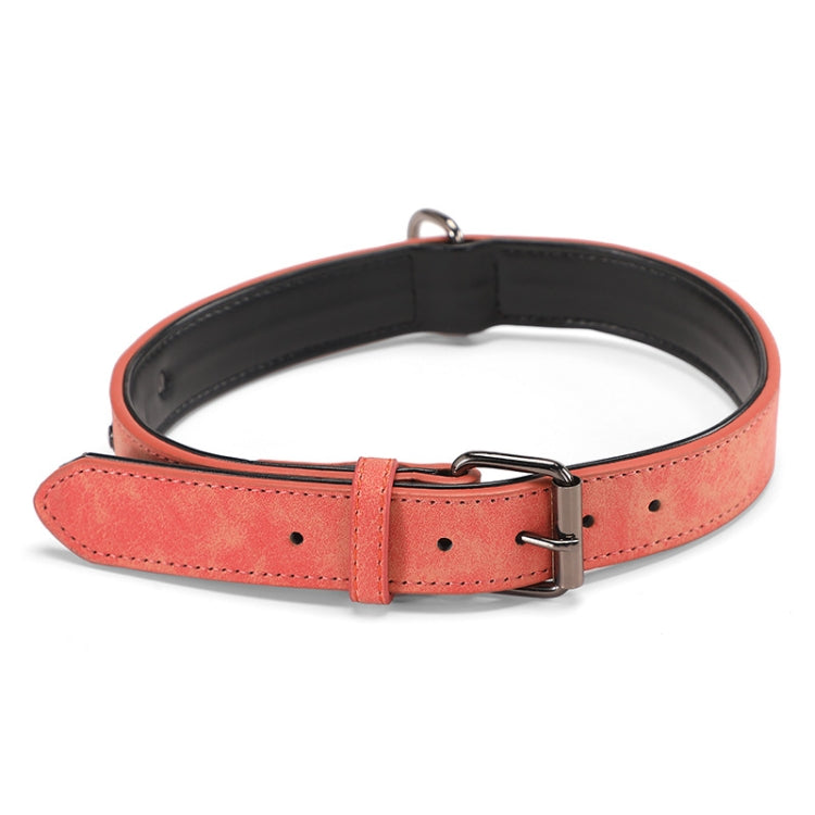 Double-layer leather dog collar in coral and black, with metal buckle and D-ring.
