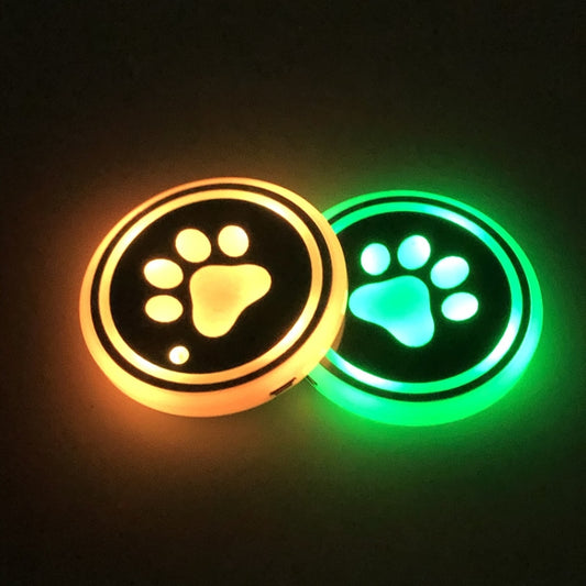 Pair LED smart cup slot coaster lights with orange and green paw print patterns