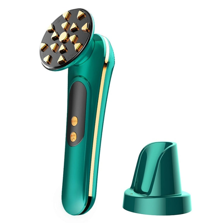 Facial thermal RF beauty device with teal body, gold accents, and upright electrode head