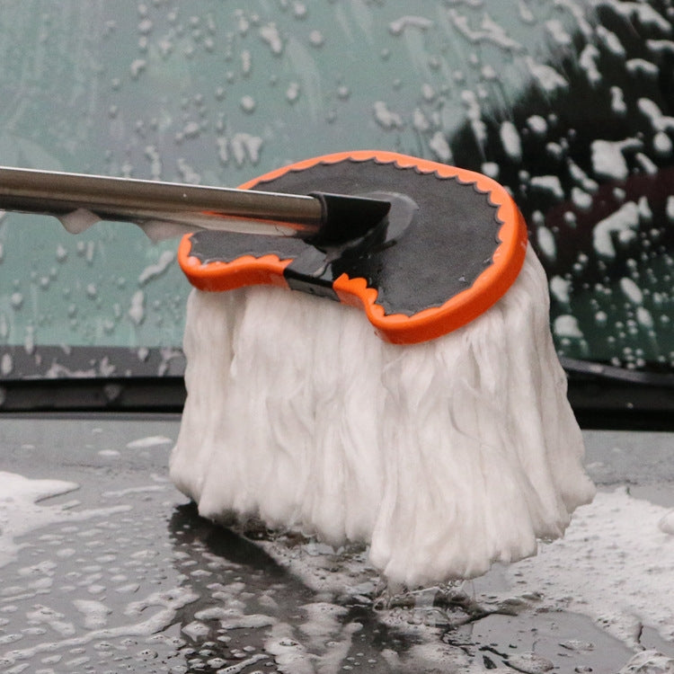 Soft wool wash brush head with orange border on long telescopic metal pole