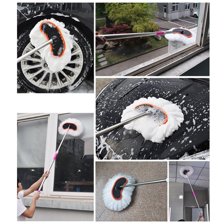 Telescopic car wash mop with round white wool head, orange trim and extended pole
