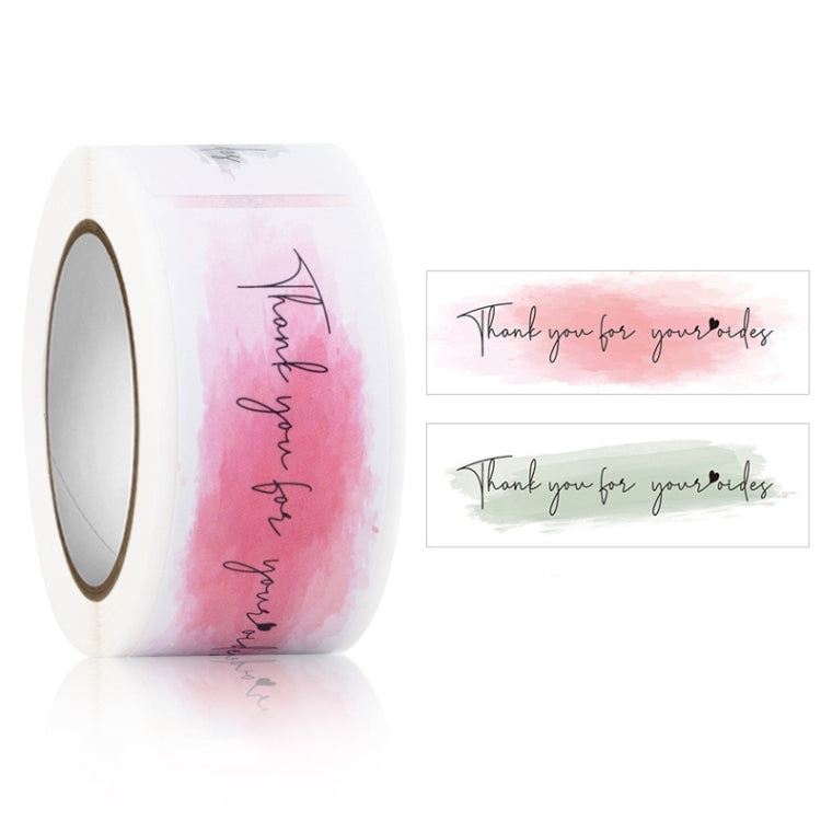 Rectangle sticker seal label roll with pink watercolor and black "thank you" script