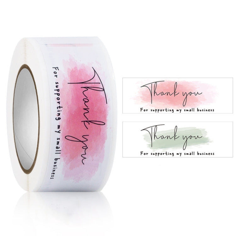 Rectangle sticker seal label roll with pink watercolor and black "thank you" message