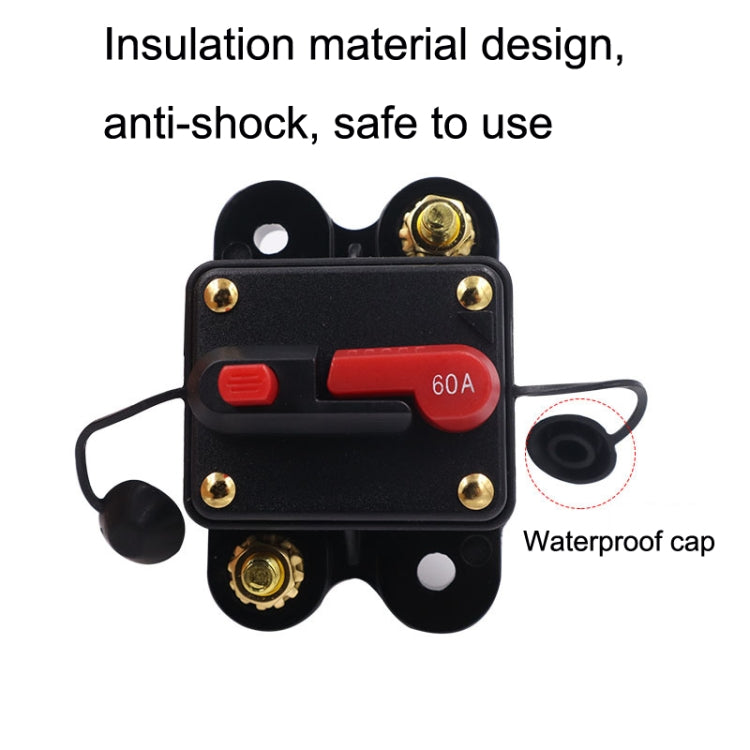 Automatic circuit breaker switch, black housing with red 60A button and waterproof cap