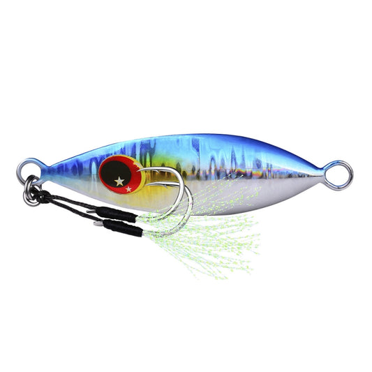 Metal sea fishing lure, blue and silver body with red eye and black tail, double hooks