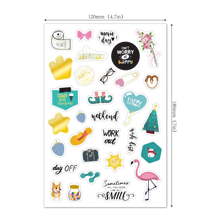 Colorful planner sticker sheet with hearts, quotes, icons; 120mm size