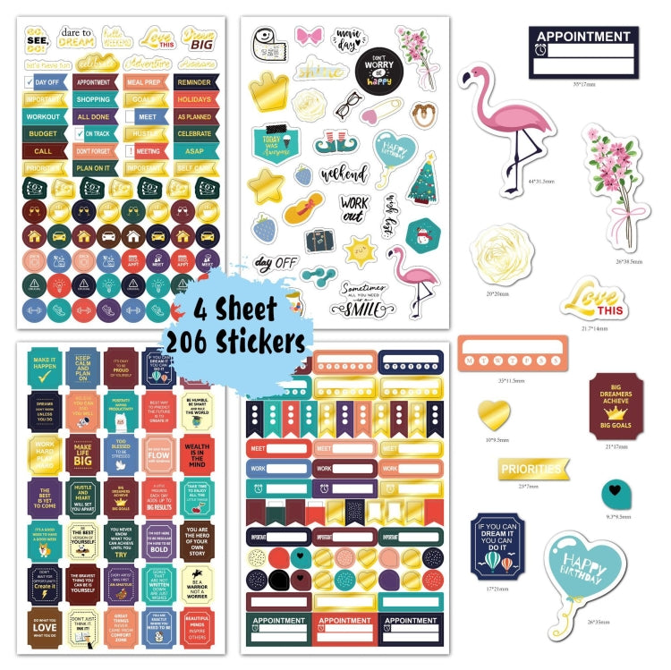 Set of colorful planner stickers on 4 sheets, multiple icon designs