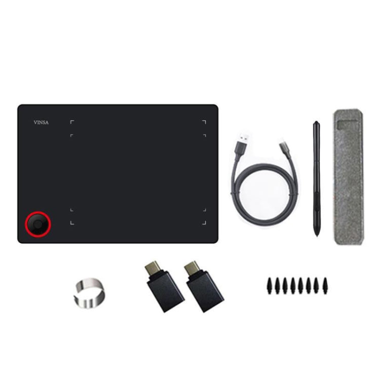 VINSA drawing tablet with stylus, connection cable, holder case, and accessory pieces