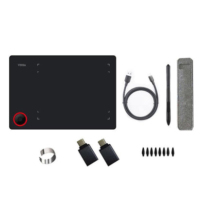 VINSA drawing tablet with stylus, connection cable, holder case, and accessory pieces