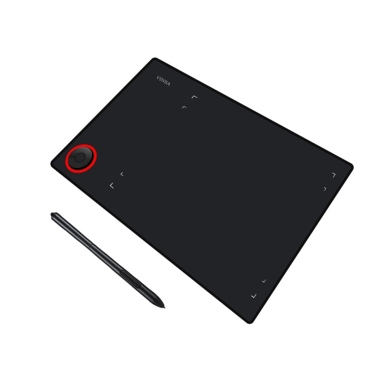 VINSA black drawing tablet with red-circled power button and slim stylus