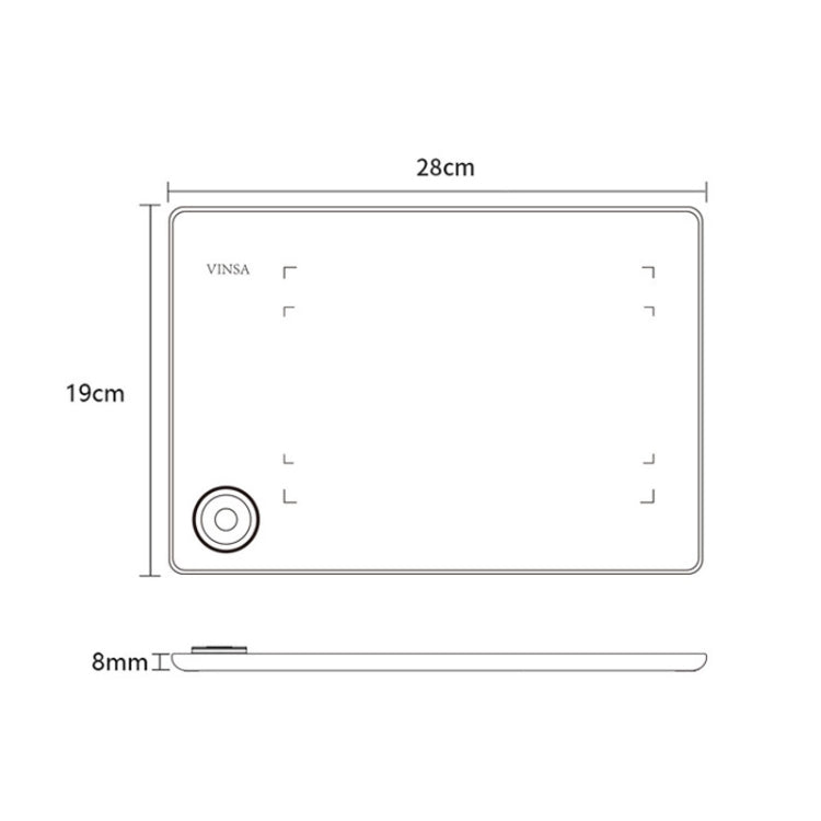 VINSA drawing tablet size diagram, 28 cm by 19 cm with 8 mm thickness