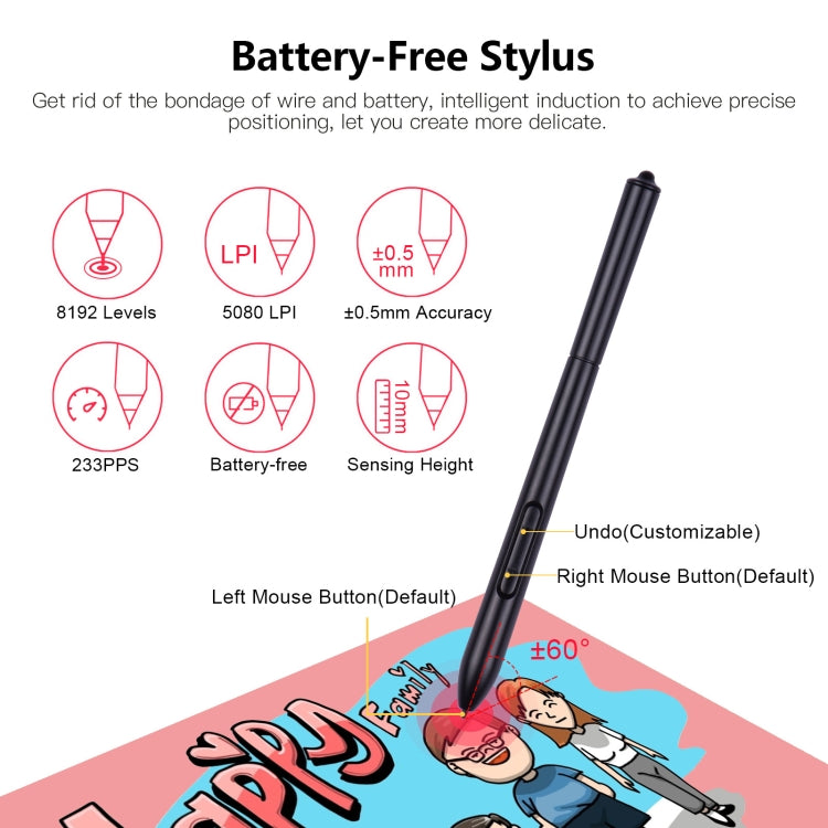 Battery-free stylus with indicator callouts and 60° touch angle graphic