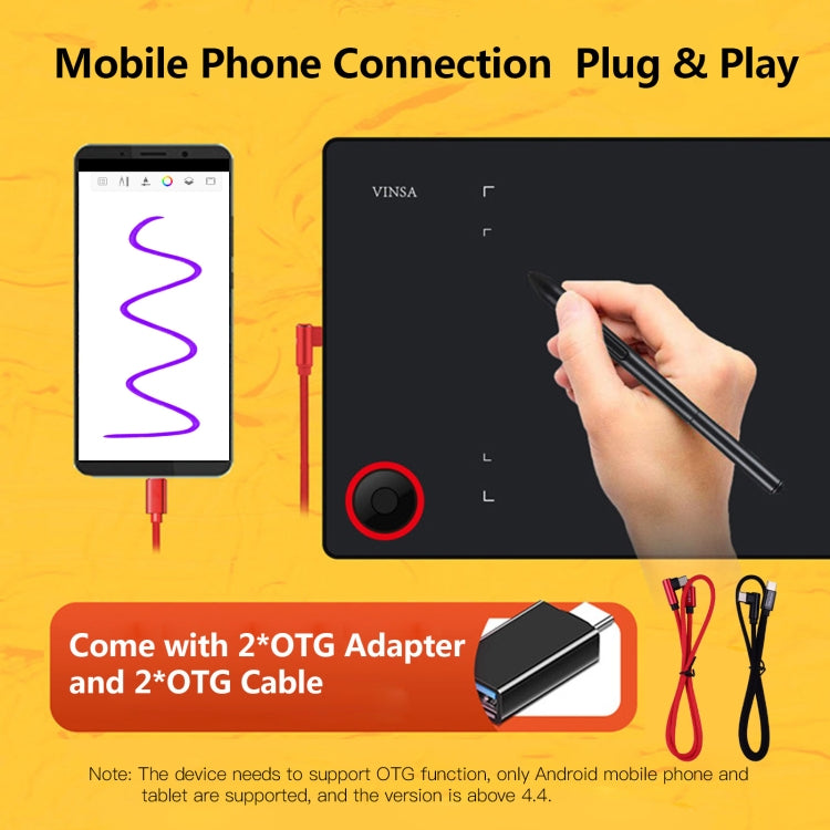 VINSA phone connection plug-and-play setup with OTG adapter and stylus