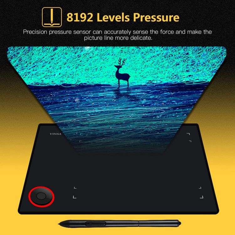 VINSA drawing tablet showing 8192 levels pressure and stylus on-screen