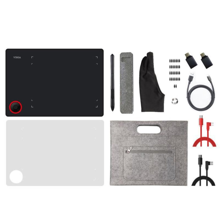 VINSA drawing tablet kit with stylus, cables, gloves, pouch, and adapter parts