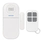 White magnetic door alarm with remote key fob showing lock, home, and SOS buttons.
