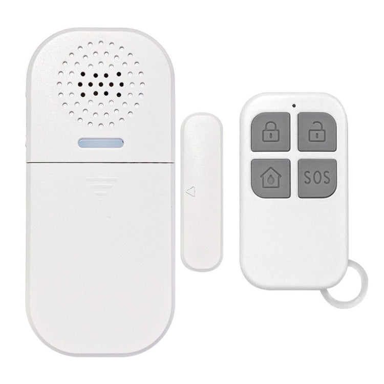 White magnetic door alarm with remote key fob showing lock, home, and SOS buttons.