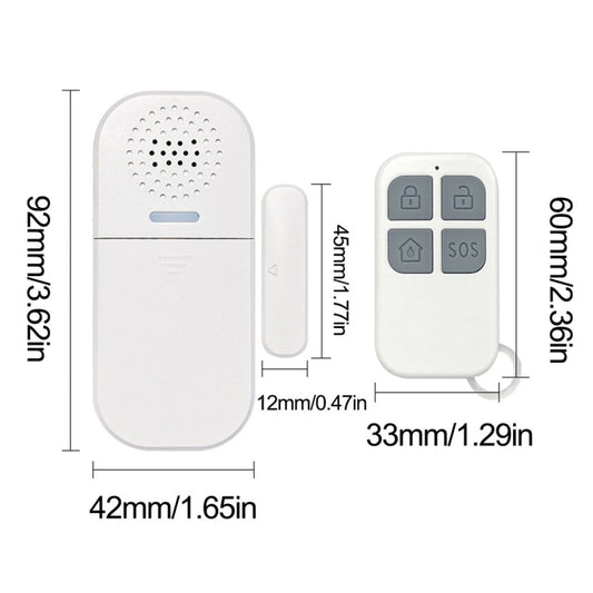White door alarm and remote key fob, with overall size markings visible.