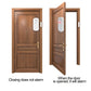 White magnetic door alarm mounted on a wooden door, with red indicator light on.