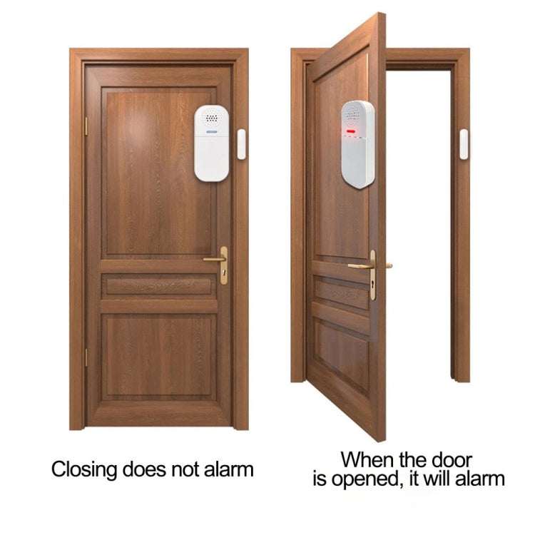 White magnetic door alarm mounted on a wooden door, with red indicator light on.
