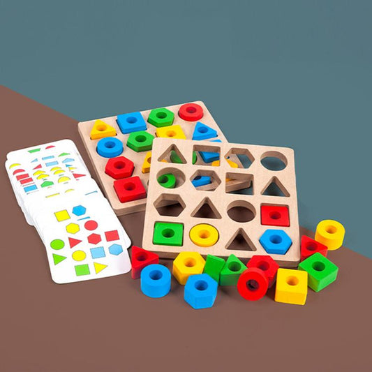 Geometric shape matching puzzle toy with wooden board, colorful blocks, and cards