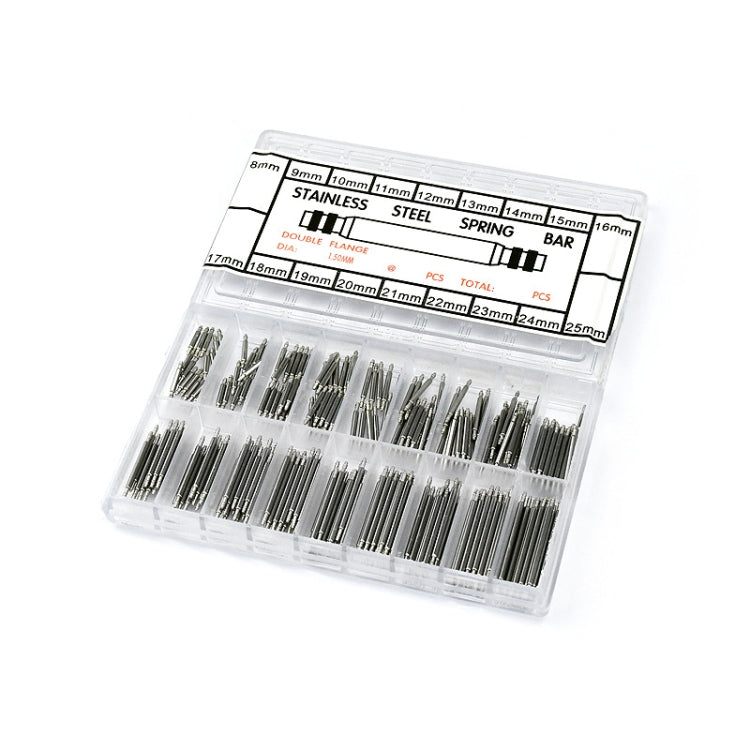Stainless steel double-flange spring bar set in clear plastic storage box