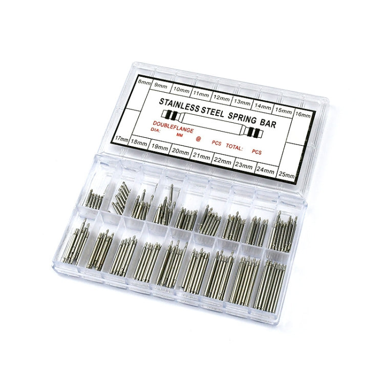 Stainless steel seamless spring bars set in clear plastic box, assorted sizes