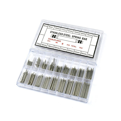 Stainless steel seamless spring bars set in clear plastic box, assorted sizes