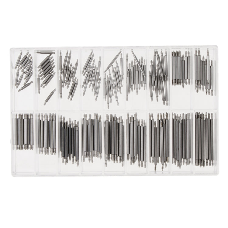 Assorted stainless steel spring bars displayed in clear compartment storage case
