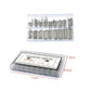 Stainless steel spring bar set in clear box with dimensions marked on photo