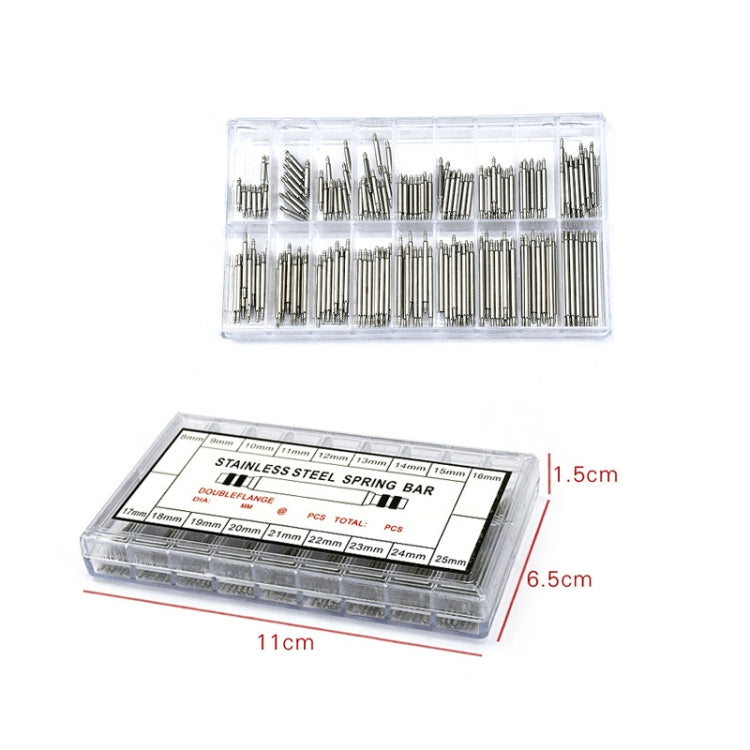 Stainless steel spring bar set in clear box with dimensions marked on photo