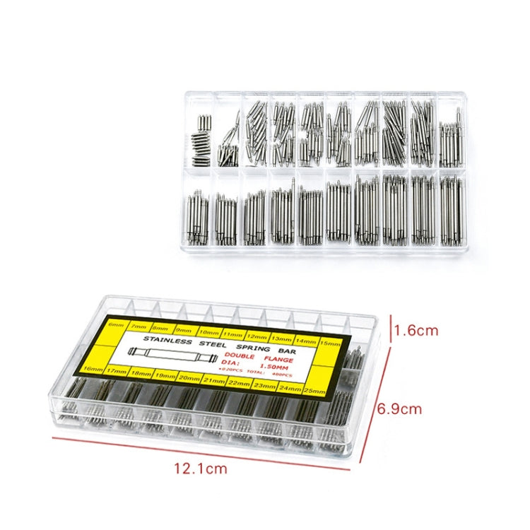 Assorted stainless steel spring bars in clear case with size layout markings