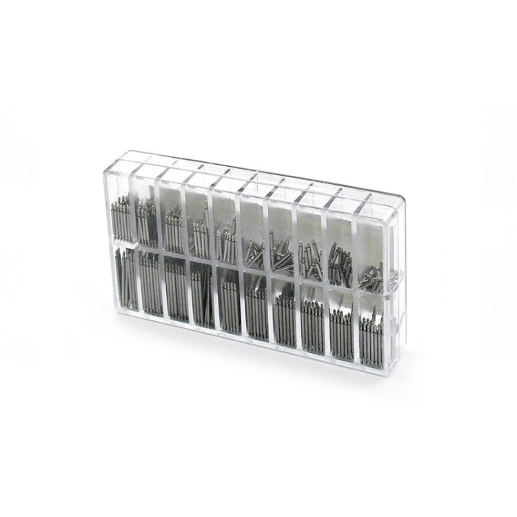 Clear rectangular box filled with stainless steel spring bars, mixed lengths