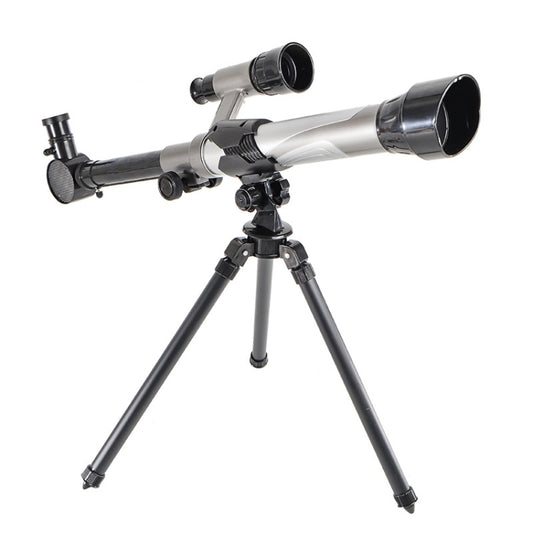 Silver refractor-style astronomical telescope on black tripod with dual eyepiece tubes
